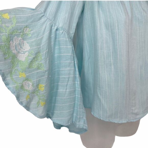Miami‎ Turquoise Floral Embroidered Bell Sleeve Top - Picture 2 of 8